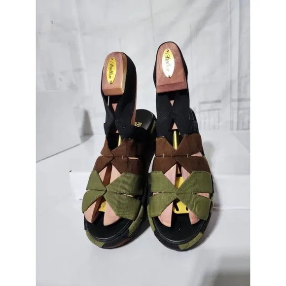 Authentic SALVATORE FERRAGAMO Colorblock Pattern Slingback Sandals Green/Brown