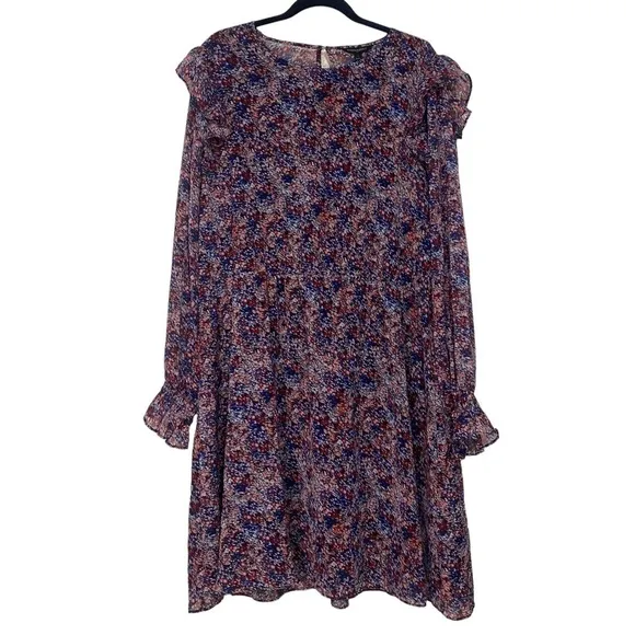 Banana Republic Smocked Fit and Flare Ruffle Multi Color Print Midi Dress XXL