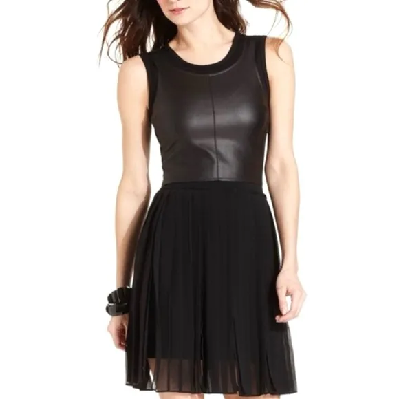 BCBG MAXAZRIA Black Pleated Cleo Dress Fit &amp; Flair Sheer Whimsy Goth Coquette