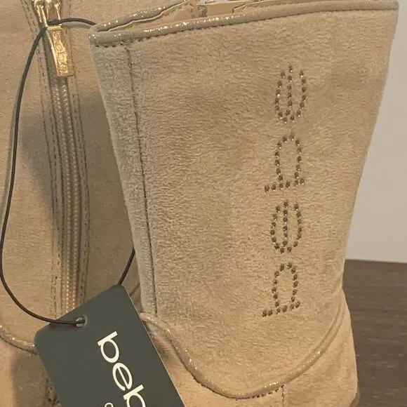 Bebe Girl's Rhinestone Embellished Suede Side Zip Tall Winter Boots Tan Sz 6 NWT