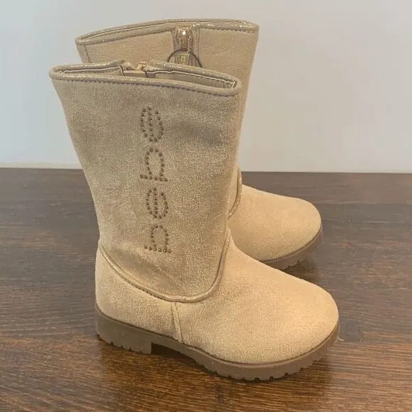 Bebe Girl's Rhinestone Embellished Suede Side Zip Tall Winter Boots Tan Sz 6 NWT