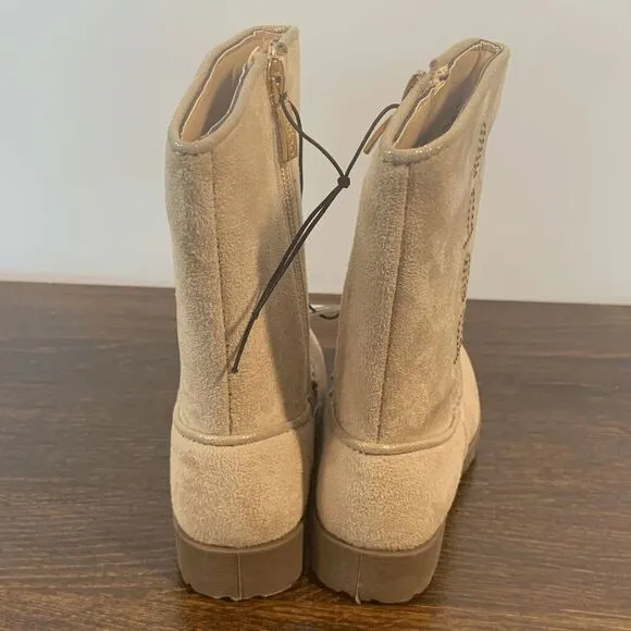Bebe Girl's Rhinestone Embellished Suede Side Zip Tall Winter Boots Tan Sz 6 NWT