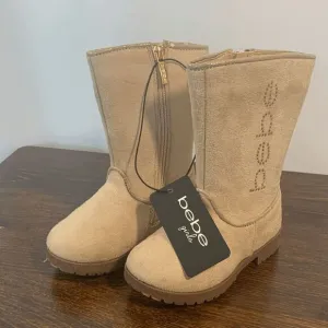 Bebe Girl's Rhinestone Embellished Suede Side Zip Tall Winter Boots Tan Sz 6 NWT