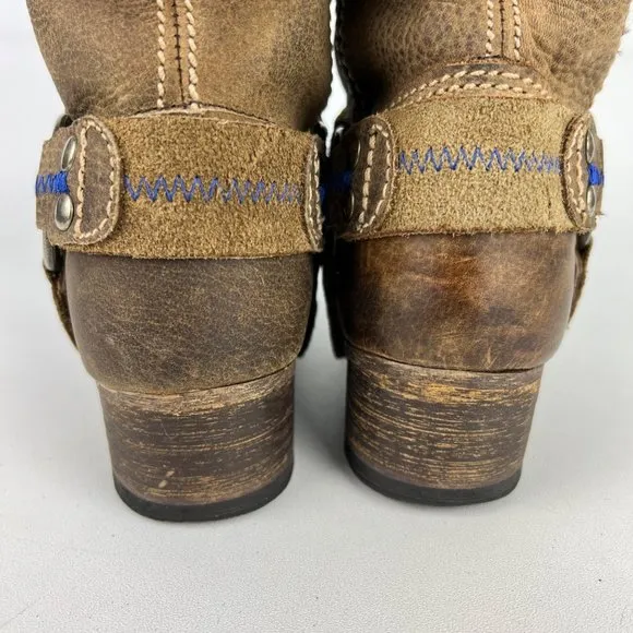 Bed Stu Womens Opal Brown Leather Harness Boots Bottle Opener Distressed sz 6.5