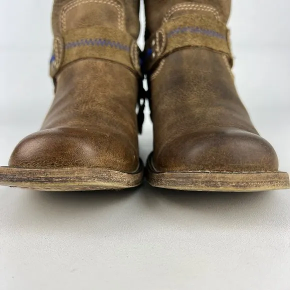 Bed Stu Womens Opal Brown Leather Harness Boots Bottle Opener Distressed sz 6.5
