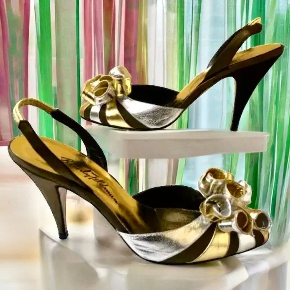 Beverly Feldman Vtg 80's Metallic Silver &amp; Gold Leather Slingback Pump AS IS