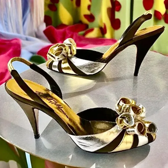 Beverly Feldman Vtg 80's Metallic Silver &amp; Gold Leather Slingback Pump AS IS