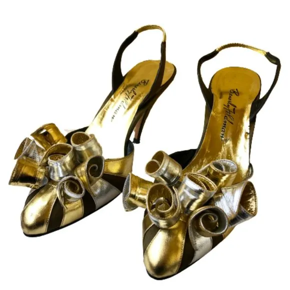 Beverly Feldman Vtg 80's Metallic Silver &amp; Gold Leather Slingback Pump AS IS