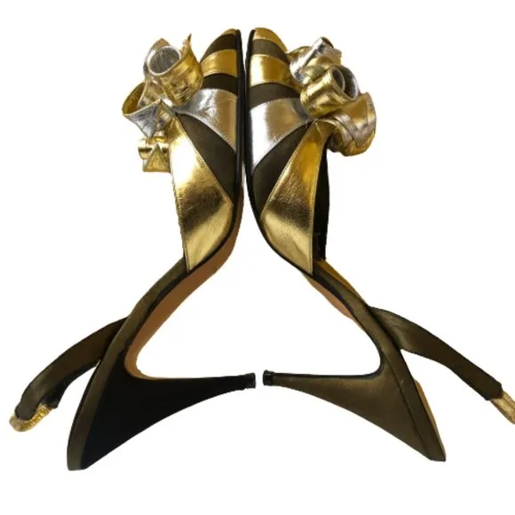 Beverly Feldman Vtg 80's Metallic Silver &amp; Gold Leather Slingback Pump AS IS