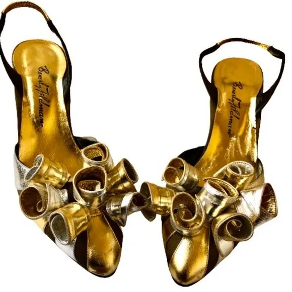 Beverly Feldman Vtg 80's Metallic Silver &amp; Gold Leather Slingback Pump AS IS