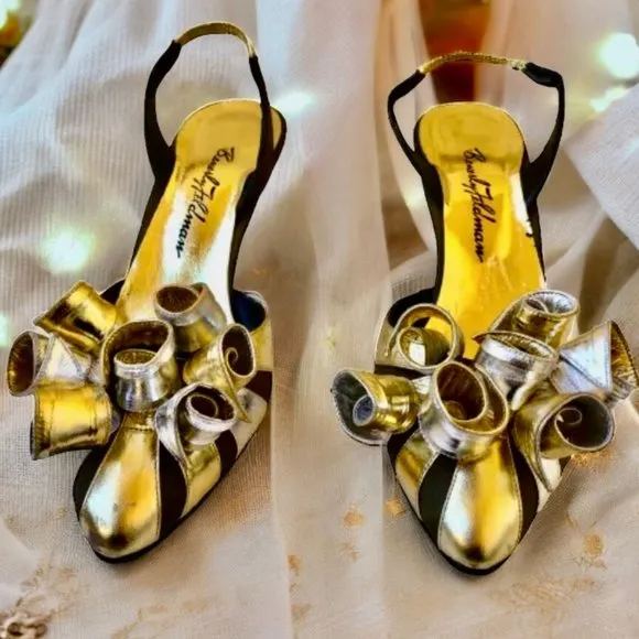 Beverly Feldman Vtg 80's Metallic Silver &amp; Gold Leather Slingback Pump AS IS