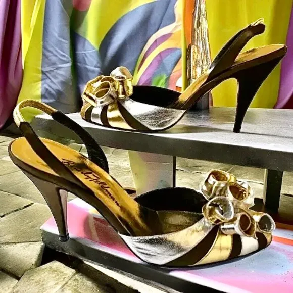 Beverly Feldman Vtg 80's Metallic Silver &amp; Gold Leather Slingback Pump AS IS