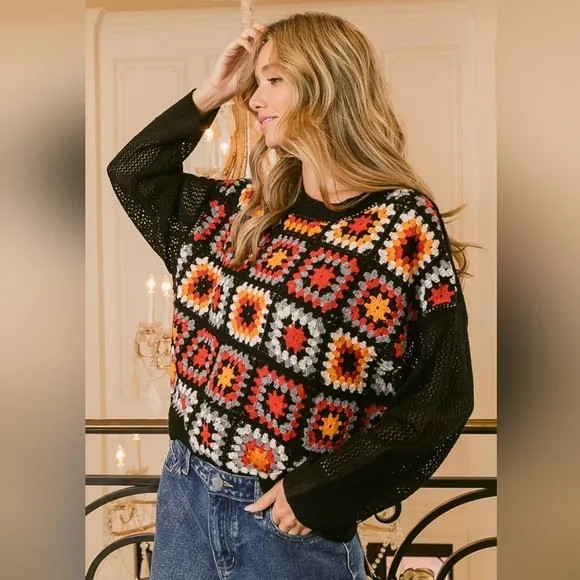 BiBi Crochet Patchwork Top Granny Square Open Knit Pullover Long Sleeve Shirt