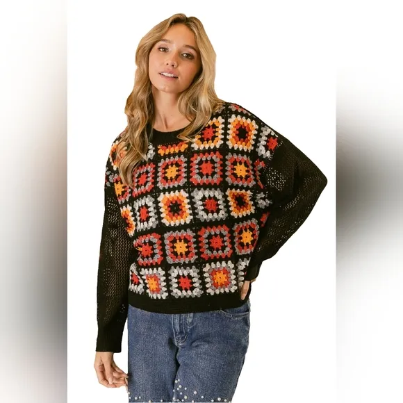BiBi Crochet Patchwork Top Granny Square Open Knit Pullover Long Sleeve Shirt