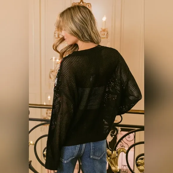 BiBi Crochet Patchwork Top Granny Square Open Knit Pullover Long Sleeve Shirt