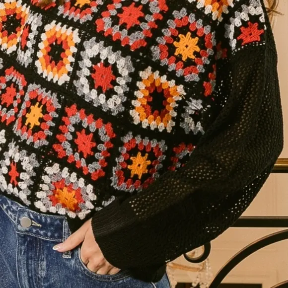 BiBi Crochet Patchwork Top Granny Square Open Knit Pullover Long Sleeve Shirt