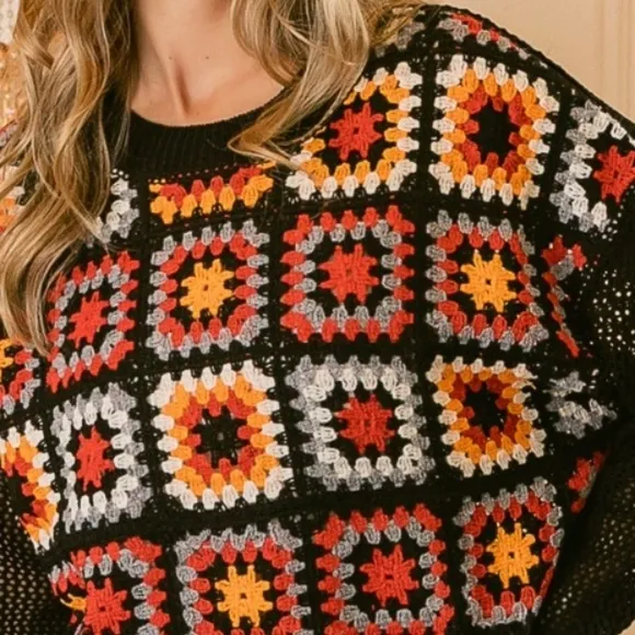 BiBi Crochet Patchwork Top Granny Square Open Knit Pullover Long Sleeve Shirt
