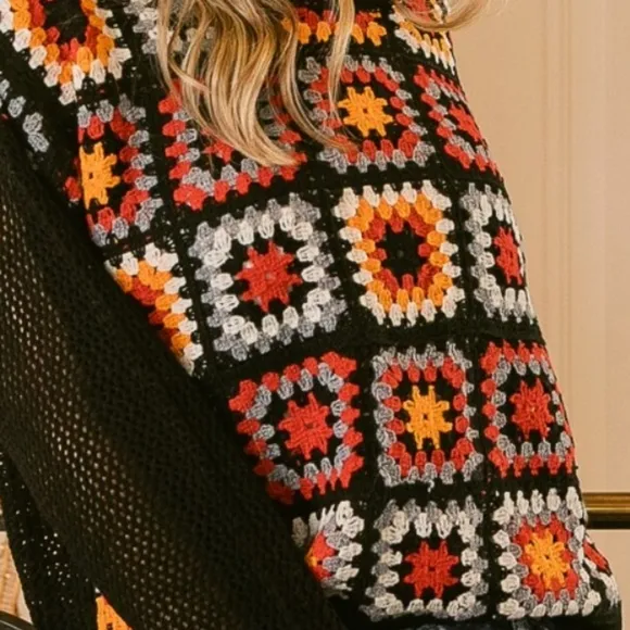 BiBi Crochet Patchwork Top Granny Square Open Knit Pullover Long Sleeve Shirt