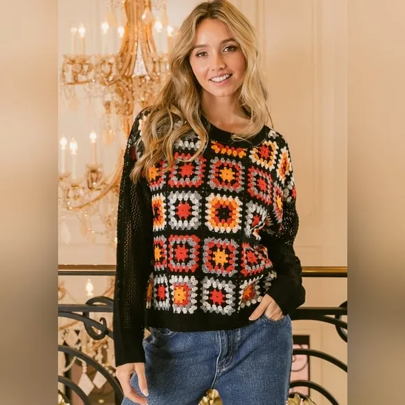 BiBi Crochet Patchwork Top Granny Square Open Knit Pullover Long Sleeve Shirt
