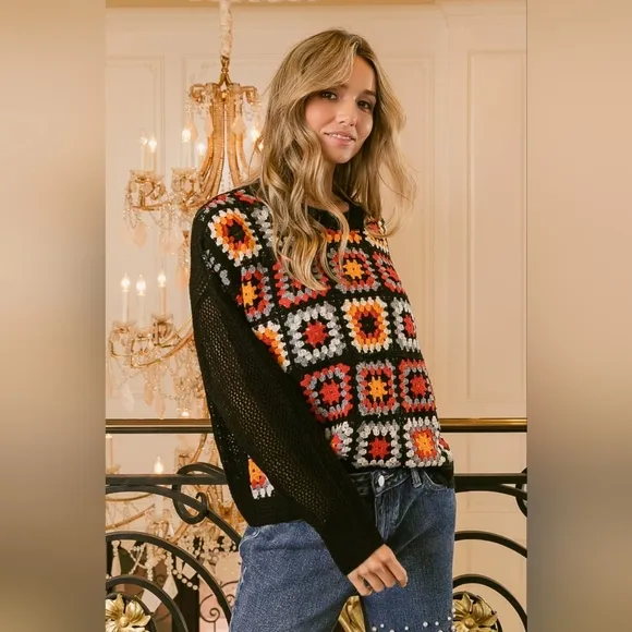 BiBi Crochet Patchwork Top Granny Square Open Knit Pullover Long Sleeve Shirt