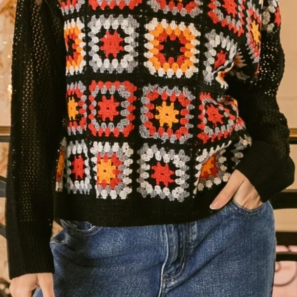BiBi Crochet Patchwork Top Granny Square Open Knit Pullover Long Sleeve Shirt