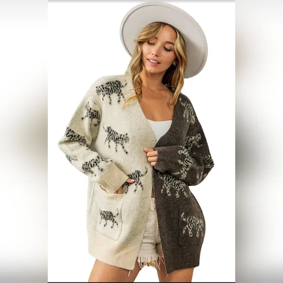 BiBi Wild Cat Knit Color Contrast Open Front Long Sleeve Patch Pocket Cardigan