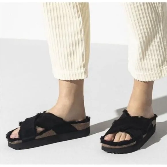 Birkenstock Black Shearling Cross Cork Papillo Daytona Platform Sandal 5