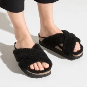 Birkenstock Black Shearling Cross Cork Papillo Daytona Platform Sandal 5