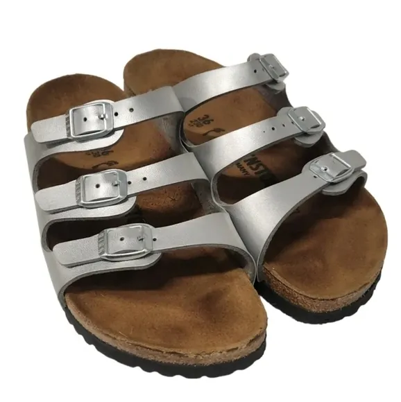 Birkenstock Florida Birko Flor Womens Silver 3 Buckle Slip On Sandals Size 36