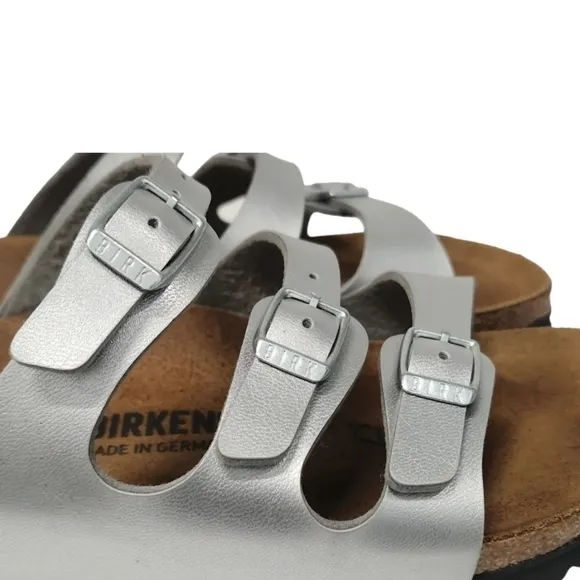 Birkenstock Florida Birko Flor Womens Silver 3 Buckle Slip On Sandals Size 36