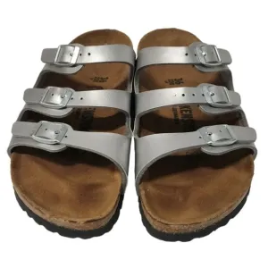 Birkenstock Florida Birko Flor Womens Silver 3 Buckle Slip On Sandals Size 36