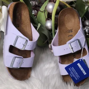 Birkenstock Women's Arizona Birko-Flor Patent Sandal Shiny Purple Fog  New