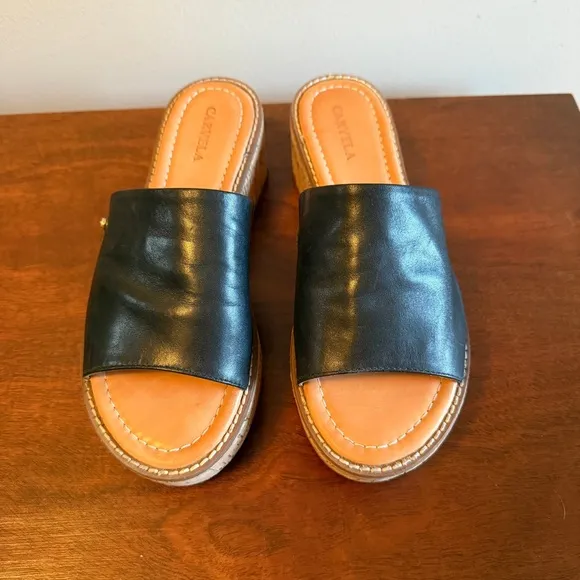Black Leather Upper and Cork Platform Slip-On Sandals