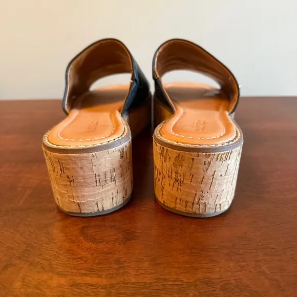 Black Leather Upper and Cork Platform Slip-On Sandals