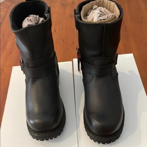 Black Mid-Calf Motorcycle Boots with Silver Buckle
