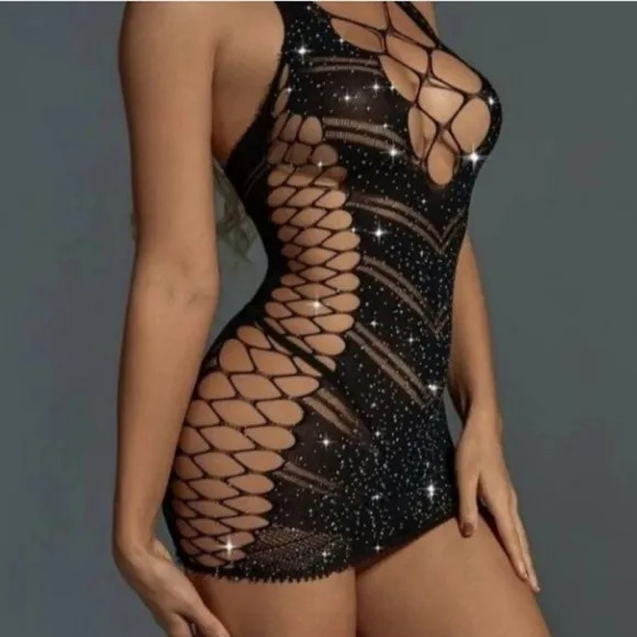 Black Rhinestone Studded Bodycon Dress • Sparkling Bodycon Bodysuit Lingerie