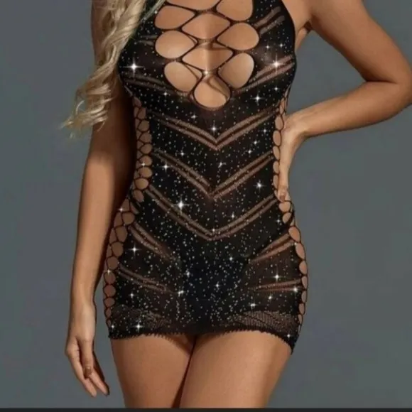 Black Rhinestone Studded Bodycon Dress • Sparkling Bodycon Bodysuit Lingerie