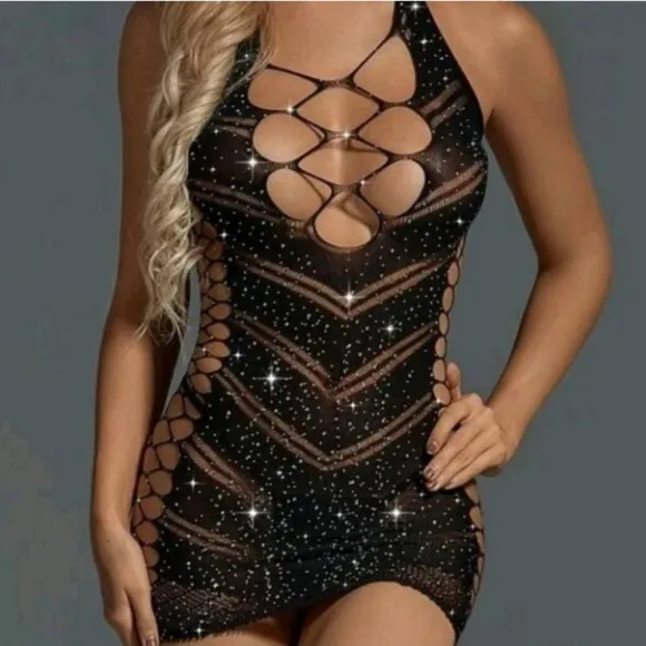 Black Rhinestone Studded Bodycon Dress • Sparkling Bodycon Bodysuit Lingerie