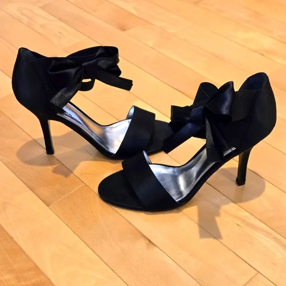 Black Satin Ankle Strap Stiletto Heels by The Touch Of Nina, Size 10