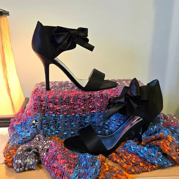 Black Satin Ankle Strap Stiletto Heels by The Touch Of Nina, Size 10