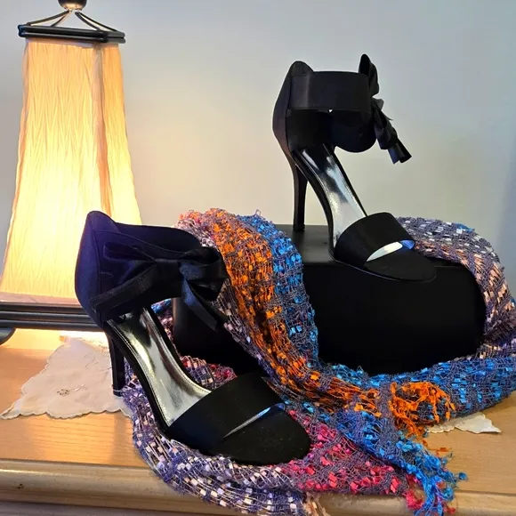 Black Satin Ankle Strap Stiletto Heels by The Touch Of Nina, Size 10