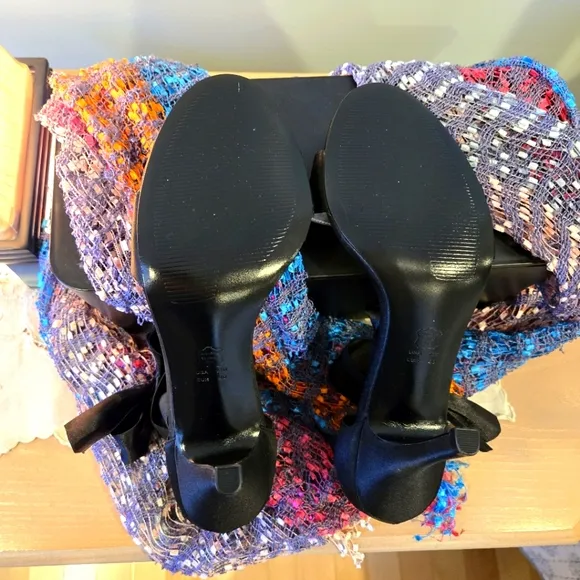 Black Satin Ankle Strap Stiletto Heels by The Touch Of Nina, Size 10