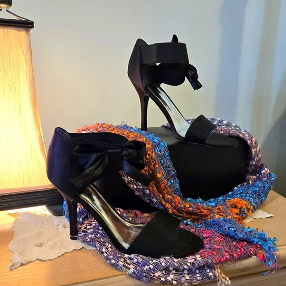 Black Satin Ankle Strap Stiletto Heels by The Touch Of Nina, Size 10