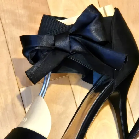 Black Satin Ankle Strap Stiletto Heels by The Touch Of Nina, Size 10