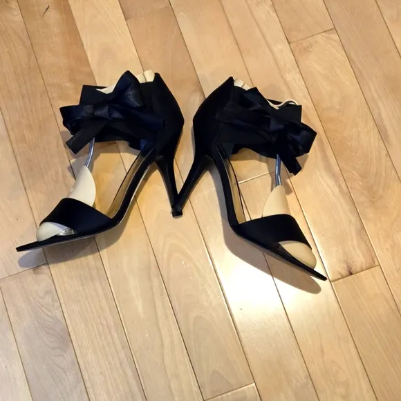 Black Satin Ankle Strap Stiletto Heels by The Touch Of Nina, Size 10