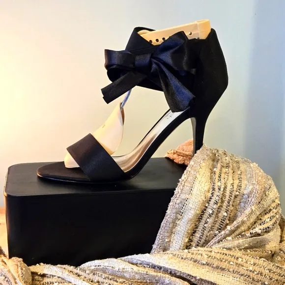Black Satin Ankle Strap Stiletto Heels by The Touch Of Nina, Size 10