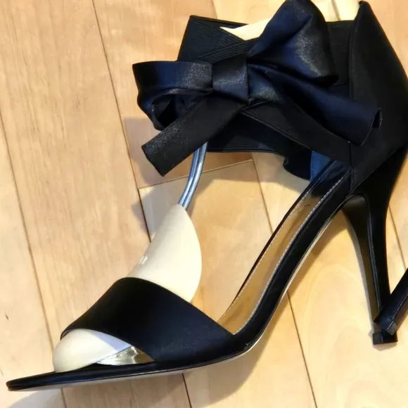 Black Satin Ankle Strap Stiletto Heels by The Touch Of Nina, Size 10