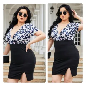Black Slit Printed Surplice Wrap Dress