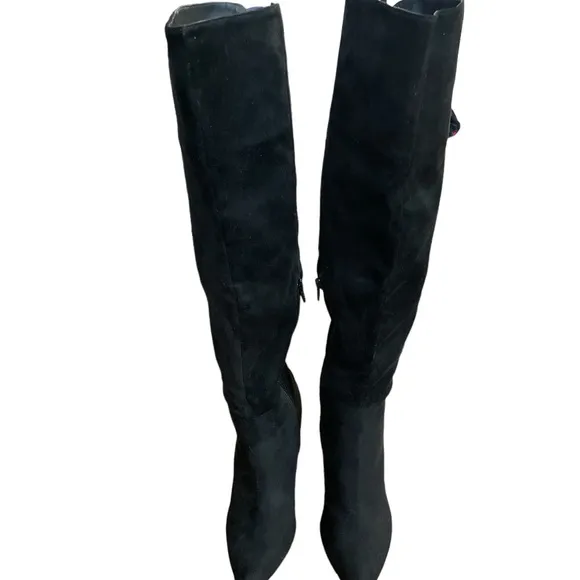 Black suede pointed toe high heel tall over the knee winter boots sz 6.5