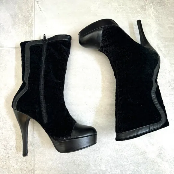 BLACK VELVET leather tall ankle boots floral burnout platform booties stilettos